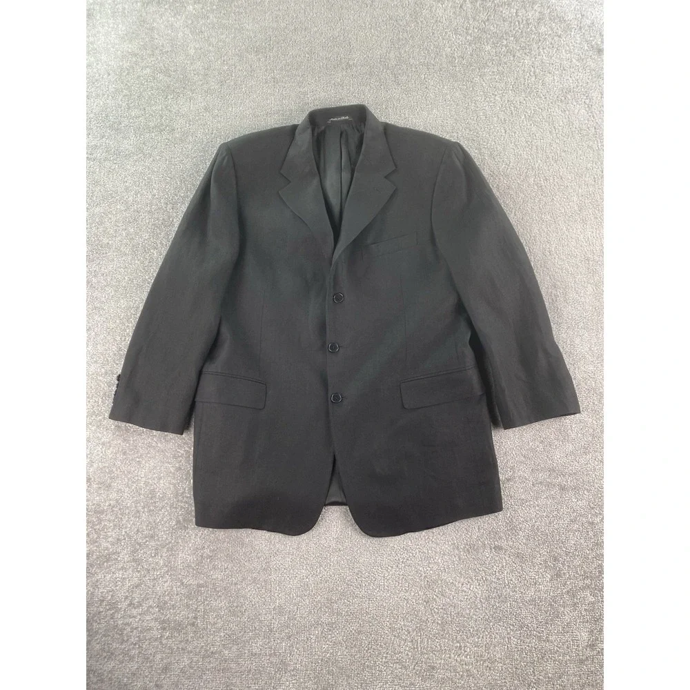 Faconnable Suit Jacket 46 R Black Solid Linen Designer Premium Luxury Italy
